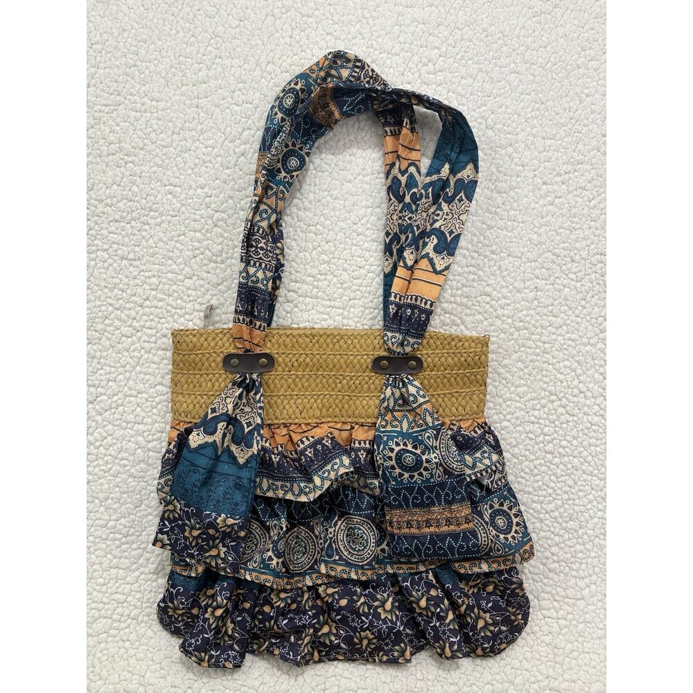 Cappelli Straw & Fabric Ruffle Shoulder Bag Boho Vintage Woven Raffia Y2K Hippie
